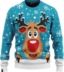 JAP Christmas Kersttrui (maat S) - 100% Gerecycled - Kriebelt niet - Kerstcadeau volwassenen - Foute Kersttrui dames en heren - Rudolf het Rendier - Licht blauw
