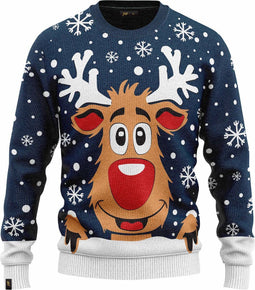 JAP Christmas Kersttrui (maat XL) - 100% Gerecycled - Kriebelt niet - Kerstcadeau volwassenen - Foute Kersttrui dames en heren - Rudolf het Rendier - Donker blauw