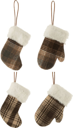 J-Line kersthanger Handschoen/Sok/Muts Geruit - textiel - bruin/beige - 4 stuks