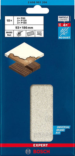 Bosch Accessories EXPERT M480 2608901206 Schuurnetset Geperforeerd Korrelgrootte 80, 80, 80, 80, 120, 120, 120, 180, 180, 180 (l x b) 186 mm x 93 mm 10 stuk(s)