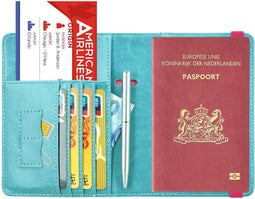 Jeans style RFID Paspoort hoesje Anti Skim / Paspoorthouder Roze-Turquoise