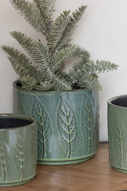J-Line bloempot Blad - keramiek - groen - small - Ø 13 cm - 2 stuks
