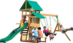 Backyard Discovery Belmont Speeltoestel - Speeltoren met Schommels, Glijbaan, Zandbak en Picknicktafel - Speelhuis met verdieping van hout voor de tuin / buiten