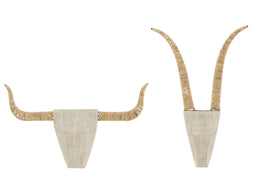 J-Line wanddecoratie Stier - hout/riet - wit/naturel - 2 stuks