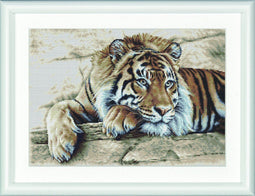 Thea Gouverneur - Borduurpakket met telpatroon - 579A - Voorgesorteerde DMC Garens - Tijger - Aida - 45 cm x 35 cm - DIY Kit