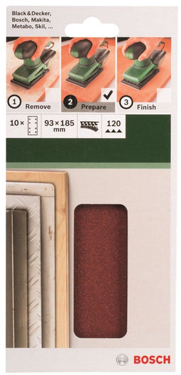 Bosch 10-delige schuurbladset - Vlakschuurmachine - 93 x 185 mm - korrel 120 (10 stuks)