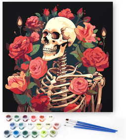 Rubye® Schilderen op Nummer - Skelet & Rozen - Inclusief Verf en Penselen - 30x30cm