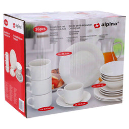 alpina Serviesset 16-Delig - Bordenset Ontbijt 4 Persoons - Aardewerk Servies - Ontbijtborden, Kommen, Mokken en Schotels - Magnetron en Vaatwasser Bestendig - Wit