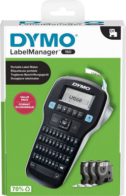 DYMO LabelManager 160 Labelprinter startpakket | Handheld Label Maker Machine | met 3 rollen Dymo D1 labeltape AZERTY-toetsenbord | Ideaal voor kantoor of thuis