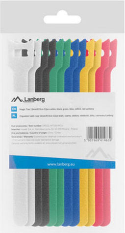 LANBERG - VELCRO KABELBINDERS - KLITTENBANDSLUITINGEN - KABELS - 12MM X 15CM - 12 STUKS - WIT - ZWART - GROEN - BLAUW - GEEL- ROOD - ZACHT EN FLEXIBEL