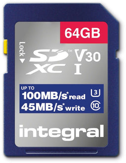 Integral - High Speed SD Card V30 UHS-I U3 - 64GB - tot 100MB/s lezen - 45MB/s schrijven