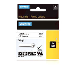 DYMO Rhino industriële Vinyl Labels | 12 mm x 5,5 m | zwarte afdruk op wit | zelfklevende labels voor Rhino & LabelManager labelprinters