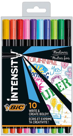 BIC Intensity Fine Viltstiften met metalen bescherming - Diverse kleuren - Plastic Etui van 10 stuks - met Dunne Punt 0,8 mm