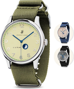 Johnny Loco Luna - Horloge Heren - Roestvrij Stalen Kast - Mineraal Kristal - 41,3mm - Waterdicht tot op 100M - Beryl