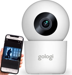 Gologi Beveiligingscamera Binnen - Smart Indoor Camera - 180° Draaibaar - Nightvision - Bewegingssensor - Blaf en Huil Detectie - Babyfoon - Huisdiercamera met App - Wit