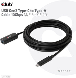 Club 3D CAC-1536 - USB Gen2 Type-C naar Type-A Kabel - 10Gbps 5m Zwart