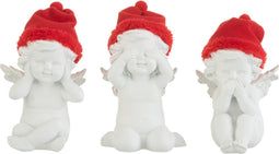 J-Line figuur Engel Zien/Horen/Zwijgen Hoed - polyresin - rood/wit - small - 3 stuks