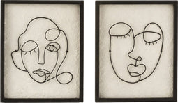 J-Line wanddecoratie Gezichten - metaal/hout - zwart/wit - small - 2 stuks