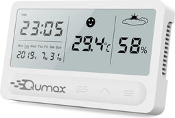 Qumax Digitale Hygrometer - Thermometer - Klok Wekker Kalender - Wit