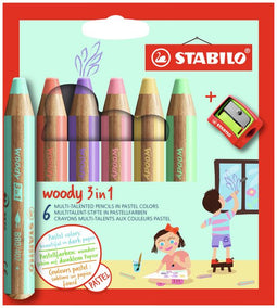 Kleurpotloden STABILO Woody 880/18 set à 6 pastelkleuren met puntenslijper | 5 stuks
