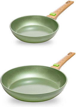 Just Vegan, Ceravegan RVS ECO koekenpan 2pcs – 20cm + 28cm, 100% vegan, plantaardige anti-aanbaklaag met afneembaar handvat – duurzame pan - Met GRATIS panbeschermer