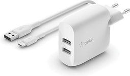 Belkin BoostCharge 24W - Oplader met 2x USB-A poorten - Snelladen tot 12W per poort - Wit