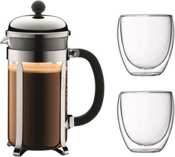 BODUM CHAMBORD Zuiger koffieset - 8 kopjes - 1L - grijs - met 2 dubbelzijdige glazen Pavina 0,35l