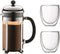 BODUM CHAMBORD Zuiger koffieset - 8 kopjes - 1L - grijs - met 2 dubbelzijdige glazen Pavina 0,35l