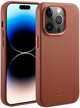 Accezz MagSafe Leather Backcover - iPhone 14 Pro - Echt leer met verhoogde randen - Bruin