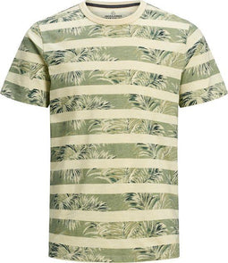 Jack & Jones - JPRDUSTIN BLU AOP TEE SS CREW NECK - Geel met groene strepen en bladeren - M