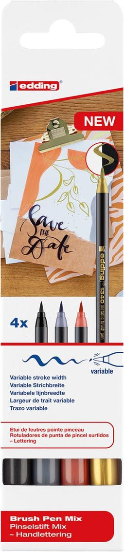 edding 1340/4S Metallic Brush Pen - Lettering set -assorti 4 stuks - variabel