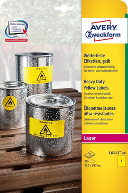 Avery L6111-20 - Zelfklevend printerlabel - A4 - 20 vel - Geel (20 stuks)