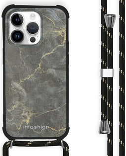 iMoshion Hoesje Geschikt voor iPhone 14 Pro Hoesje Met Koord - iMoshion Design Hoesje met Koord - Zwart / Black Marble