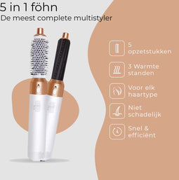 Fohnborstel - Fohn - Krulborstel - Krultang met opzetstukken - Fohnborstel roterend - Airwrap - 5 in 1 stijltang en krultang - Goud/Wit