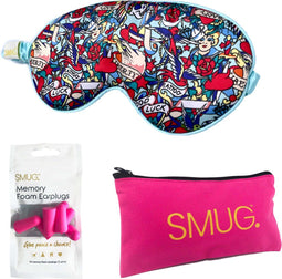 SMUG Slaapmasker met Roze Oordopjes en Opbergzakje - 100% Verduisterend - Verstelbaar Oogmasker in Satijn - Tattoo Print