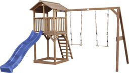 AXI Beach Tower Speeltoestel in Bruin - Speeltoren met Dubbele Schommel, Blauwe Glijbaan en Zandbak - FSC hout - Speelhuis op palen voor de tuin