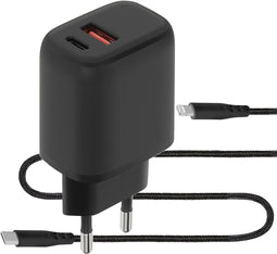 Mobiparts Wall Charger Dual USB-C/USB-A with Lightning Kabel - Zwart