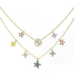GUESS Secret Garden 16-18" - Halsketting - Dubbele kettingstructuur bloemen - Goudkleurig / Multicolor