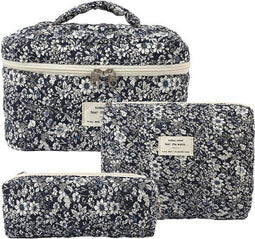 Skycases Travel Essentials - 3-delige Make-up Tas Set - Eco-vriendelijk Katoen - Gewatteerde Gebloemde Organizers - Kleur: Black Flowers