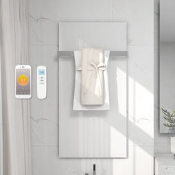Quality Heating QH-GD Serie infrarood paneel voor aan de wand – Glazen infrarood verwarmingspaneel – infrarood verwarming met ingebouwde wifi thermostaat - Met handdoekbeugel - Wit - 700 Watt - 60 x 120 cm