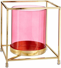 Kaarshouder Vierkant Roze Gouden Metaal Glas (14 x 15,5 x 14 cm)