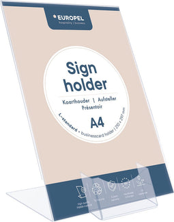 Kaarthouder Europel Staand - L-standaard met visitekaartbakje - A4 - 21 x 29,7 cm - Transparant