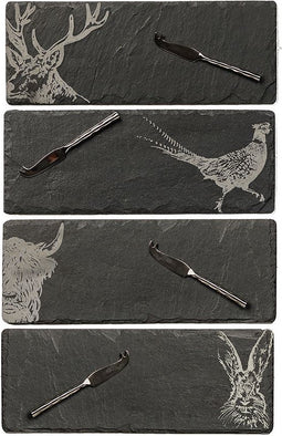 Kaasplankjes Country Animals - 4 stuks met mesjes - Cadeauset - Just Slate Company Scotland