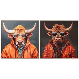 Schilderij Home ESPRIT Grijs Oranje Koe Modern Coating 82 x 4,5 x 82 cm (2 Stuks)