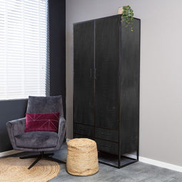 Kabinet kast Milan zwart Mangohout en staal 90 cm - zwarte kast met deuren - houten kast zwart