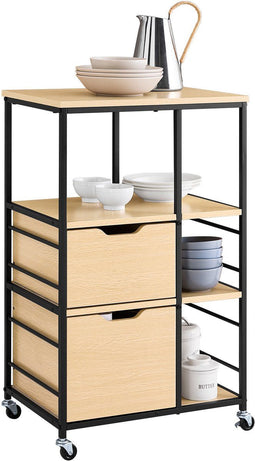 SoBuy FKW111-N - Keukentrolley - 2 lades 3 planken - Natuurlijk hout zwart metaal 89x53x37cm