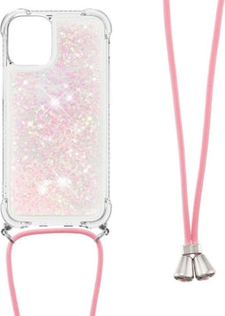 Lunso - Backcover hoes met koord - Geschikt voor iPhone 13 Mini - Glitter Rose Zilver