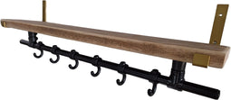 Kapstok Industrieel - 70 Cm - Steigerbuis - Wandkapstok met Bovenplank - Stalen Plankdragers Goud - 6 Haken