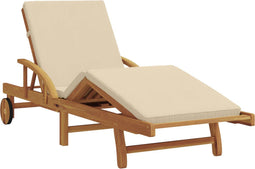 vidaXL - Inklapbare - Zonnebank - met - Wielen - & - Kussen - Beige - Massief - Acaciahout