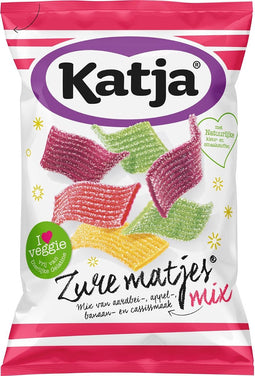 Katja Zure Matjes snoep, mix van aardbei-, appel-, banaan- en cassissmaak, zak van 250 g